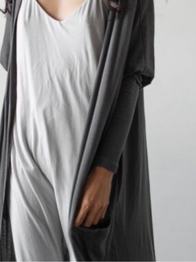 LUNYA Organic Pima Cotton Long Open-Front Duster Cardigan - Charcoal Gray
